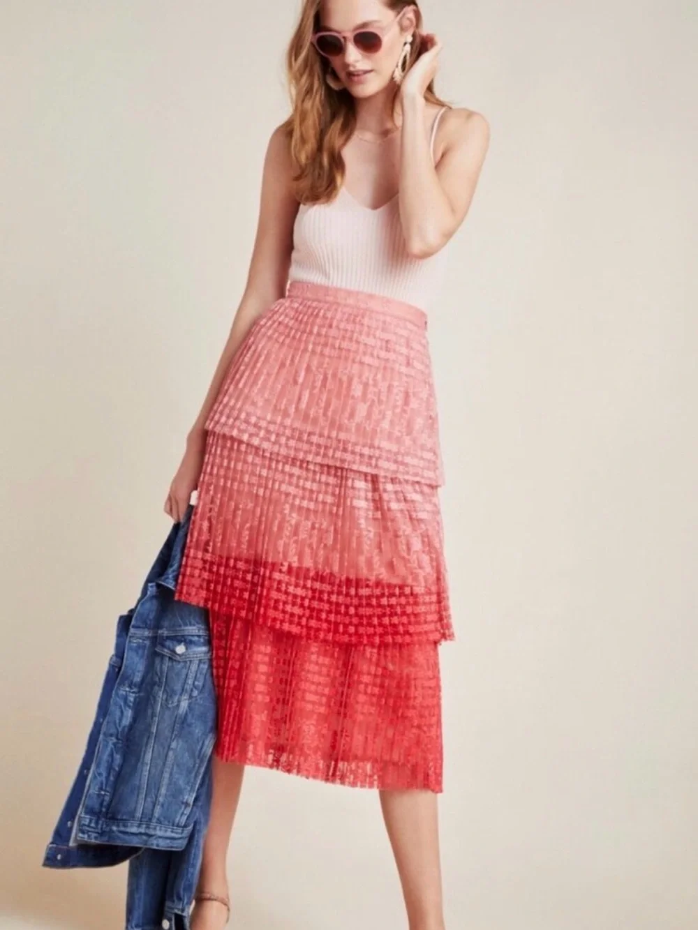 Maeve by Anthropologie Brighton Tiered Ombre Lace Midi Skirt